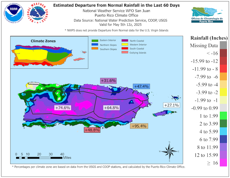 Las precipitaciones estuvieron por encima de lo normal en la mayor parte de Puerto Rico, excepto en Aguadilla, en el noroeste.