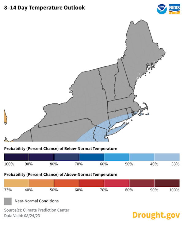 From September 1 to 7, southern New York (including Long Island) and the southern coast of New England can expect below- normal temperatures.