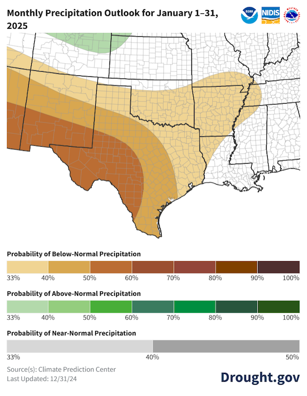For January, odds favor below-normal precipitation (33% to 60% probabilities) across western Texas and Oklahoma. The highest odds of below normal precipitation are in far western Texas.