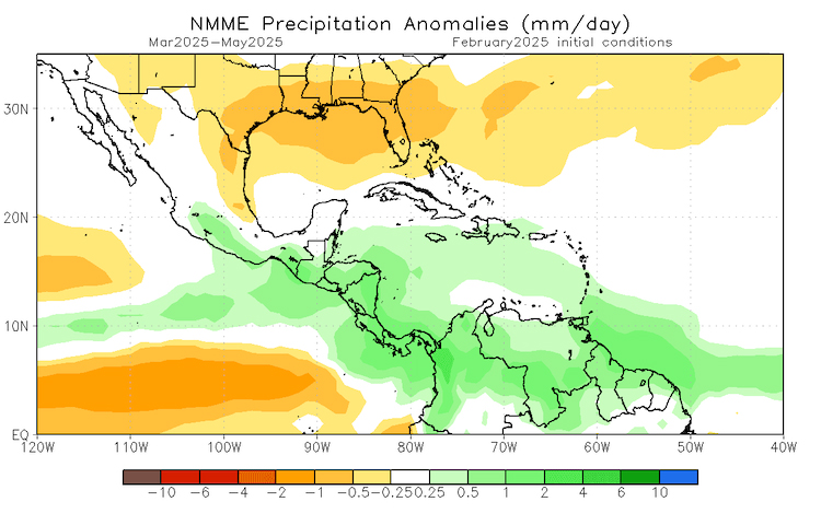 Se esperan precipitaciones entre casi normales y ligeramente por encima de lo normal para los meses de primavera en todo el noreste del Caribe. También se mantendrá la tendencia de temperaturas por encima de lo normal.