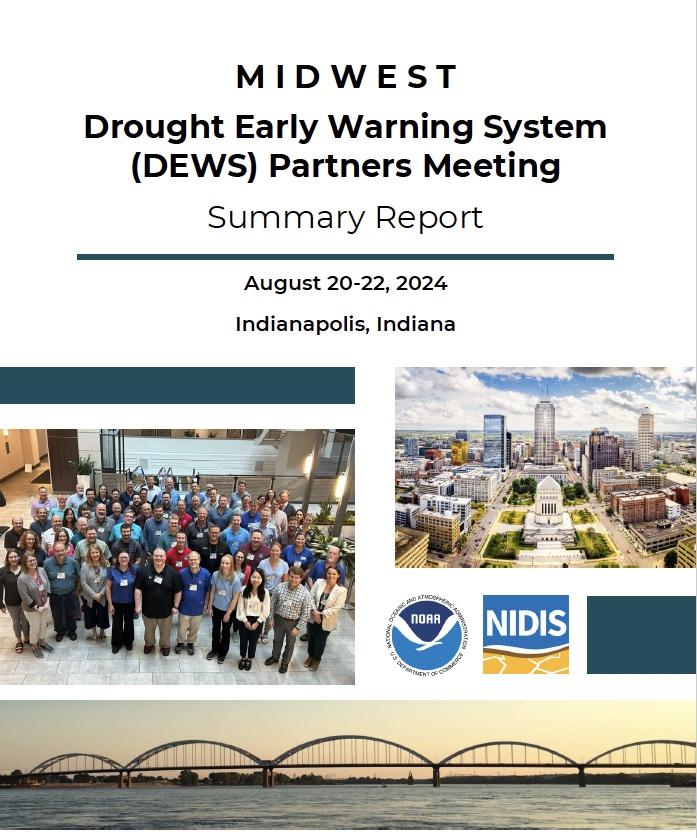 Cover page of Midwest DEWS Partners Meeting Summary Report, including a photograph of meeting attendees and the skyline of Indianapolis. where the meeting was held.