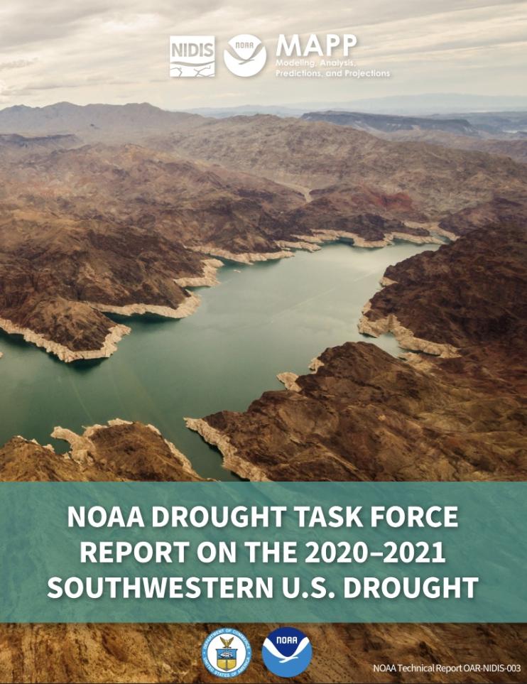 Cover page of the Drought Task Force Report, showing an aerial view of Lake Mead and the Hoover Dam.
