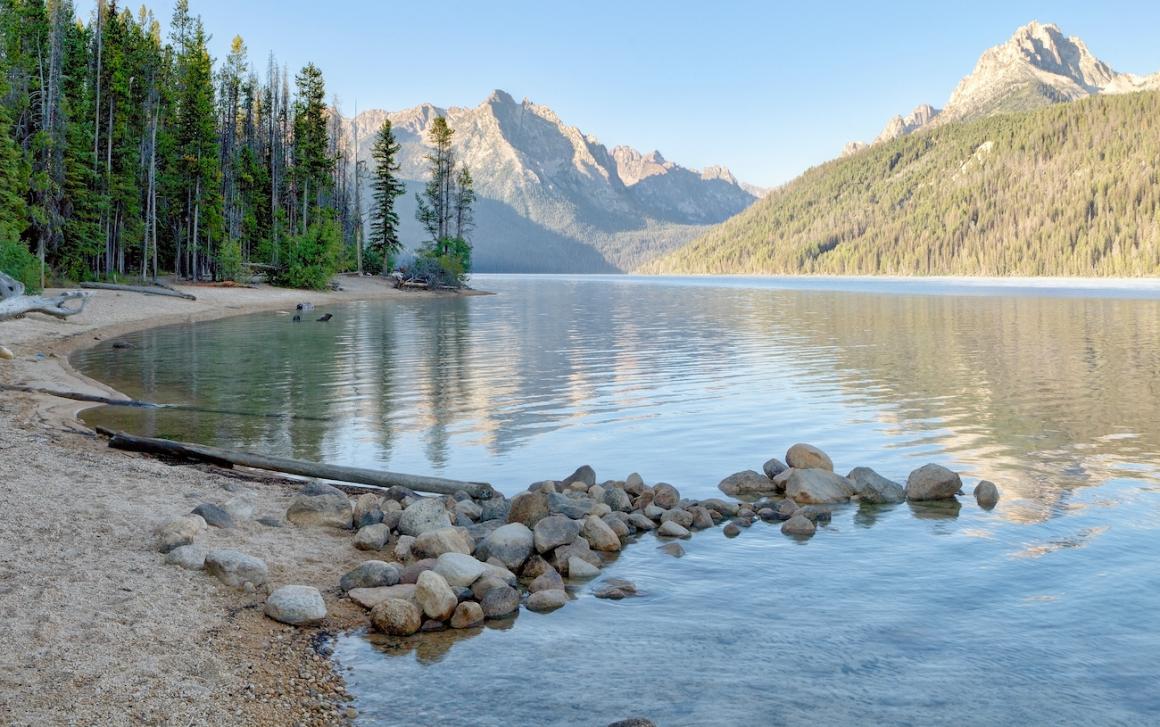Green trees and mountains surrounding Redfish Lake in Idaho